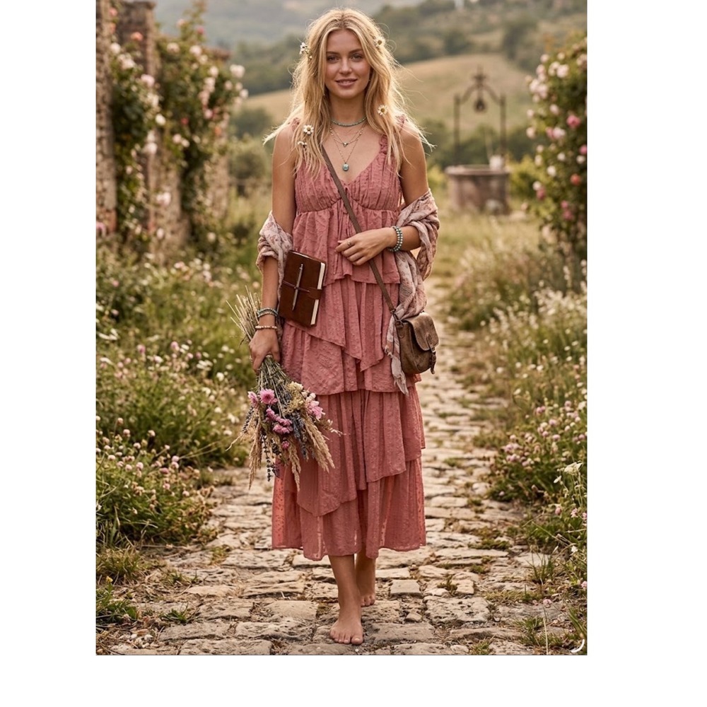 Seni & Cade Women Blush Rose Pink Tiered Lace Midi Dress NWT Size S 2043-FY3A